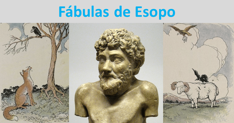Imagen de portada de las fábulas de Esopo. Escultura de esopo e ilustraciones de dos fábulas
